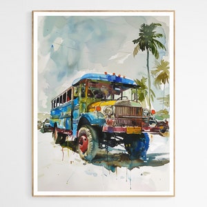 May include: A watercolour painting of a blue and yellow bus driving down a street lined with palm trees. The bus is old and worn, with a faded paint job and rust spots. The sky is cloudy and grey, and the road is wet from rain.