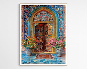 May include: A colorful, ornate doorway with intricate tile work and floral designs. Two potted plants with pink and orange flowers flank the entrance.