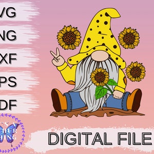 Lindo adorable girasol Gnome Hippie Peace Sign Descarga digital instantánea para Cricut / Silhouette incluye svg png dxf eps formatos de archivo pdf