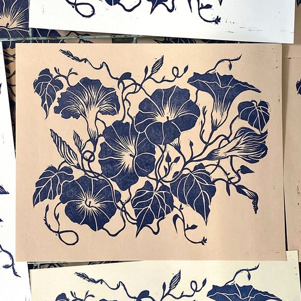 Morning Glories Linocut Print • Letterpress Printed by Hand • 8.5in x 11in