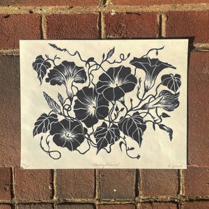 Morning Glories Linocut Print • Letterpress Printed by Hand • 8.5in x 11in