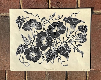 Morning Glories Linocut Print • Letterpress Printed by Hand • 8.5in x 11in