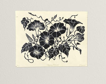 Morning Glories Linocut Print • Letterpress Printed by Hand • 8.5in x 11in