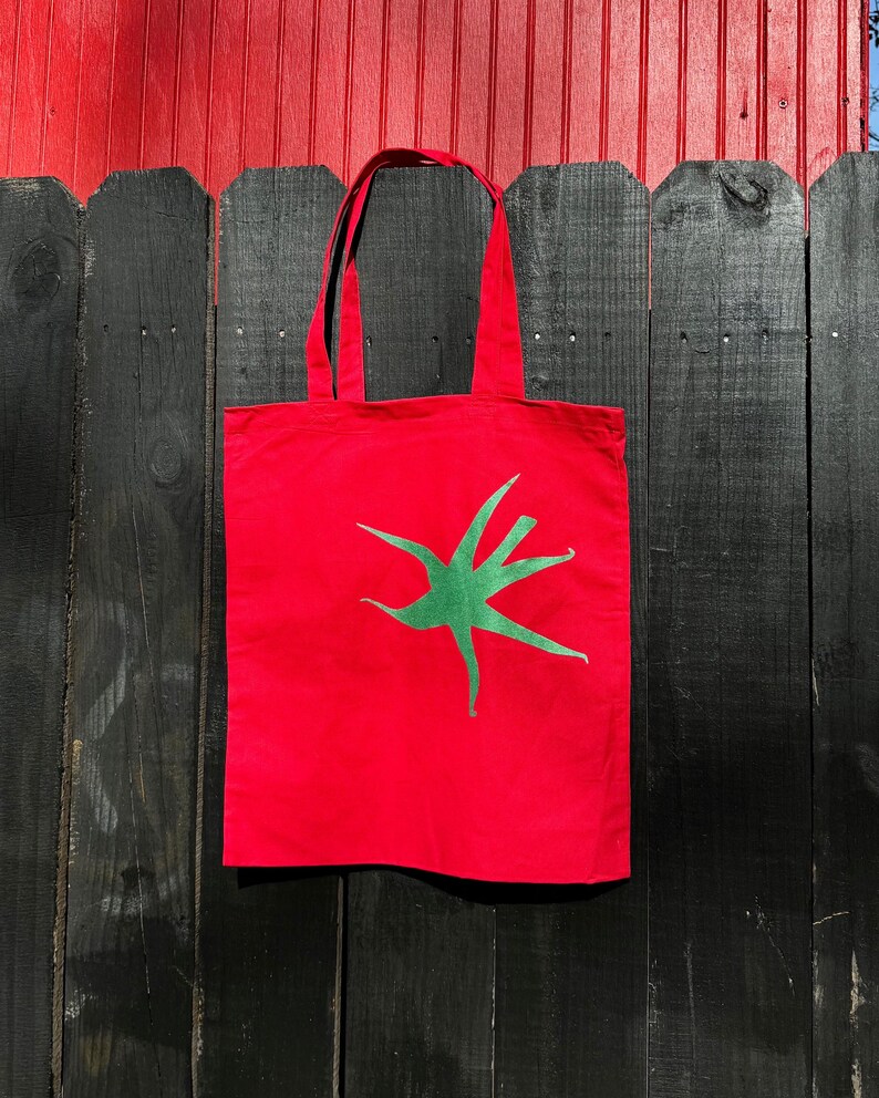 Pu&ograve; includere: Borsa tote in tela rossa con un design a stella stilizzato verde.