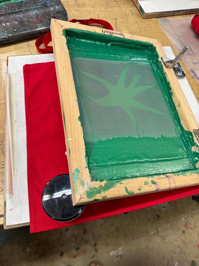 Pu&ograve; includere: Un telaio per serigrafia in legno con un disegno verde su un tessuto rosso. Il telaio ha la scritta "Speedball" stampata su di esso.