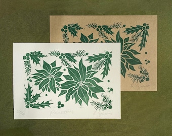 Poinsettias • Handcarved Linocut Print • 5in x 7in Holiday Design