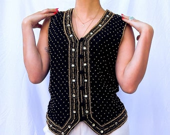 Vintage 90s Silk Beaded Black and Gold Adorned Vest