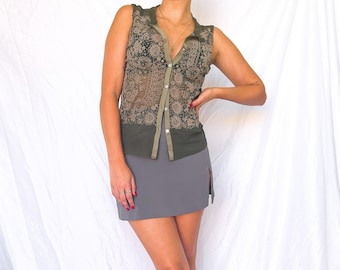 Vintage 90s/00s Green Mesh Floral Vest Top