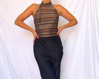 Vintage 90s/00s Red, Black, Gold Striped Halter Top | Grecian Neckline