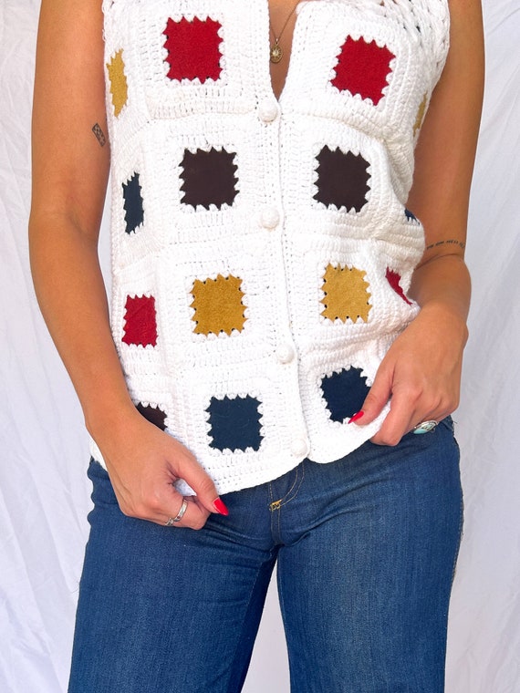 Vintage 70s Hippie Knit Vest with Leather Granny … - image 2