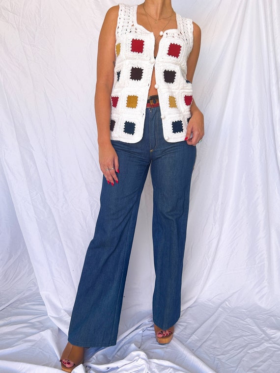 Vintage 70s Hippie Knit Vest with Leather Granny … - image 1