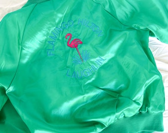 Vintage 80s Teal/Pink Flamingo Satin Bomber Jacket