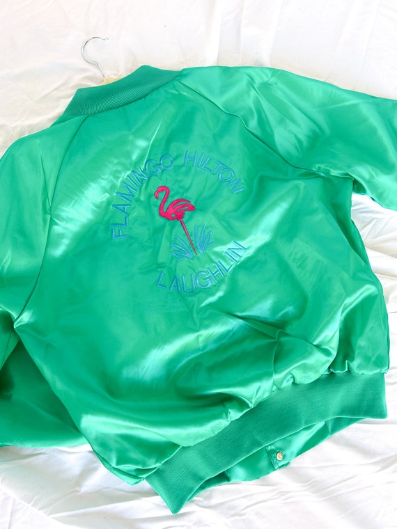Vintage 80s Teal pink Flamingo Satin Bomber Jacket Etsy Canada
