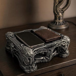 May include: A detailed, metallic gray phone and wallet organizer with an intricate, biomechanical design. A smartphone and a brown leather wallet rest inside the tray. The organizer sits on a dark wooden surface, with a matching lamp in the background.