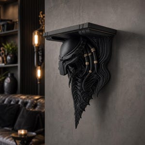 Könnte beinhalten: Schwarzes Wandregal mit Predator-Masken-Design. Das Regal hat eine rechteckige Oberseite und wird von dem detaillierten, geformten Kopf und der Schulter des Predators getragen. Goldene Akzente heben die Dreadlocks hervor.