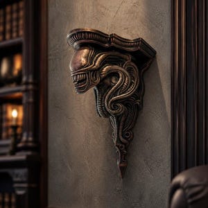 May include: A bronze-coloured wall shelf with an alien-inspired design. The shelf features a sculpted head with detailed, organic elements and a shelf above. It is mounted on a textured, neutral-toned wall, adding a unique decorative touch.