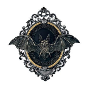 May include: A wall-mounted decorative plaque featuring a three-dimensional bat with spread wings centred within an ornate, oval-shaped silver frame. The bat is rendered in a dark metallic finish, while the frame displays intricate scrollwork details.