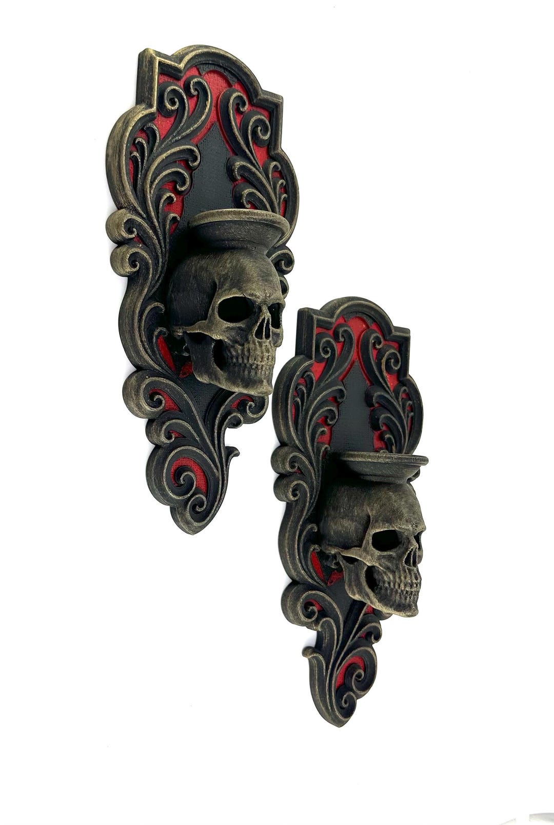 Wall mounted Skull Candle/Tea light holder - Blk/Red/Gold