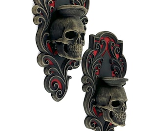 Mirrored pair of Wall mounted Gothic Skull Candle/Tea light holder