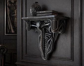 May include: A dark, metallic wall shelf with an intricate, biomechanical design. The shelf holds a black vase and two books titled "HR GIGER" and "BIOMECHANICS." The shelf is mounted on a dark gray paneled wall, creating a gothic aesthetic.
