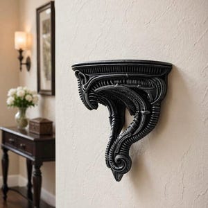 May include: Black wall-mounted shelf with an intricate, organic design. The shelf has a curved top and a detailed, textured support structure. The design features flowing lines and a dark, matte finish, mounted on a light-colored wall.