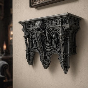 May include: A dark gray, gothic-style wall shelf with intricate, sculpted details. The shelf features a skull and other biomechanical elements. It is mounted on a light beige wall, with framed artwork visible in the background.