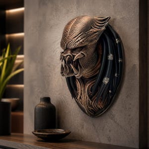 Pode incluir: Decoração de parede com máscara Predator em bronze. A máscara apresenta detalhes intrincados, dentes afiados e rastas. É montada numa base oval escura, criando um efeito 3D marcante. Escultura detalhada.