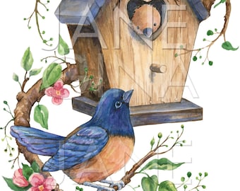 Cottage Garden Bird and Baby in a Cherry Tree Branch digital PNG by Gina Jane