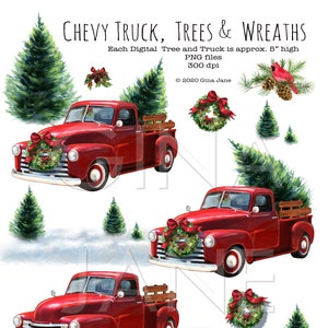 May include: Three digital illustrations of a red vintage pickup truck with a Christmas tree in the bed. The truck is decorated with a red bow and a wreath. The background is white with snow.