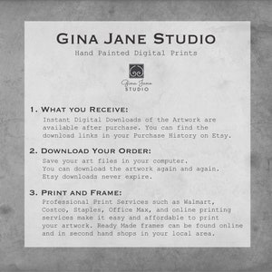K&ouml;nnte beinhalten: Eine wei&szlig;e Textgrafik auf grauem Hintergrund mit dem Text "Gina Jane Studio" und "Hand Painted Digital Prints". Die Grafik enth&auml;lt auch Anweisungen zum Herunterladen und Drucken digitaler Kunstwerke.