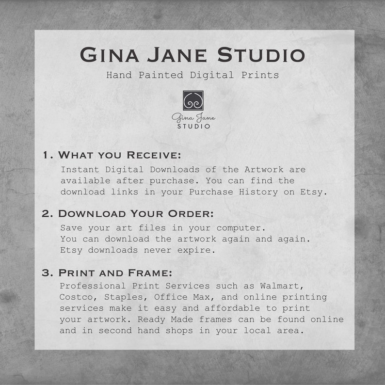 K&ouml;nnte beinhalten: Eine wei&szlig;e Textgrafik auf grauem Hintergrund mit dem Text "Gina Jane Studio" und "Hand Painted Digital Prints". Die Grafik enth&auml;lt auch Anweisungen zum Herunterladen und Drucken digitaler Kunstwerke.