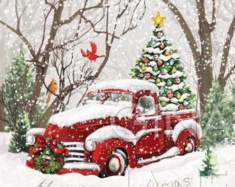 Christmas Red Chevy Truck Christmas Tree Happy Holidays Printable Wall Art DIY by Gina Jane