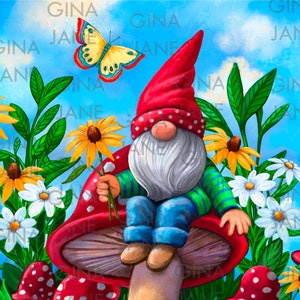 Garden Gnome Red Polka Dot Mushroom Digital Prints by Gina Jane