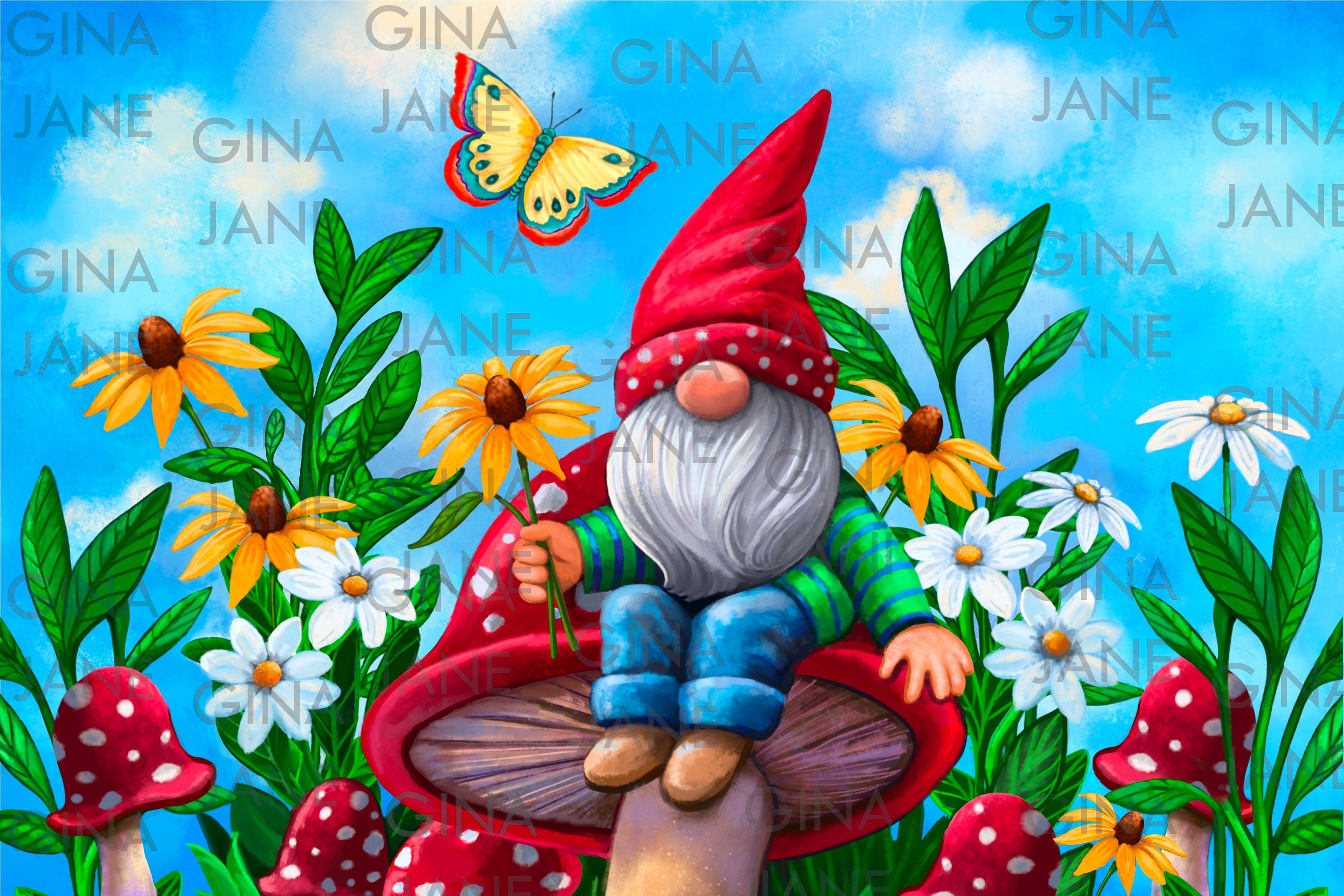 Garden Gnome Red Polka Dot Mushroom Digital Prints by Gina Jane