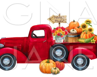 Caminhão vermelho de outono PNG | Arte vintage de feira de produtores (Download digital)