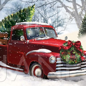 Christmas  Chevy Red Truck Tree | DIY Craft  Digital Download | Heirloom Digital Print | Red Truck Merry Christmas SIGN Home Decor