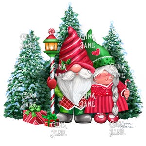 Weihnachts-Zwerge Paar mit Kiefern Bäumen Grafik-Clipart PNG