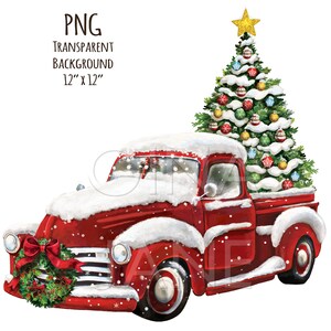 赤いトラックとツリーとオーナメントの昇華PNG | デジタルクリスマス赤いトラックアート | DIYクラフトクリップアート ジーナ・ジェーン