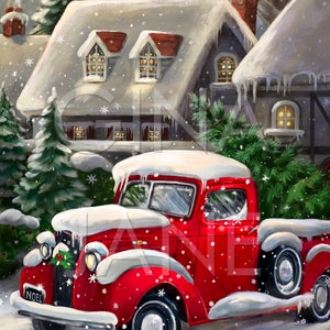 Heirloom Print Christmas Houses with Vintage Red Truck Print