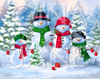 May include: Four snowmen standing in a snowy winter scene. The snowmen are wearing hats and scarves. The snowman on the left is wearing a green hat and red scarf. The snowman in the middle is wearing a red hat and red scarf. The snowman on the right is wearing a black hat and green scarf. The snowmen are surrounded by snow-covered trees and snowflakes.