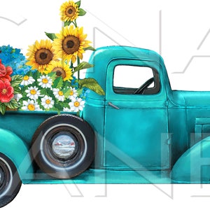 Teal Truck Frontier Woman Pioneer Summer Flowers Sublimation PNG