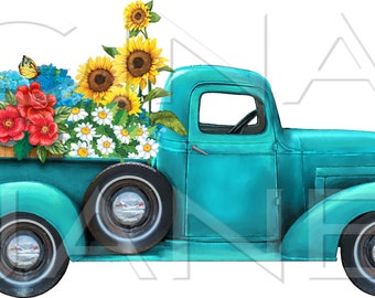 Ford 1937 Teal Truck Frontier Woman Pioneer Woman Style  Summer Flowers Sublimation PNG by Gina Jane