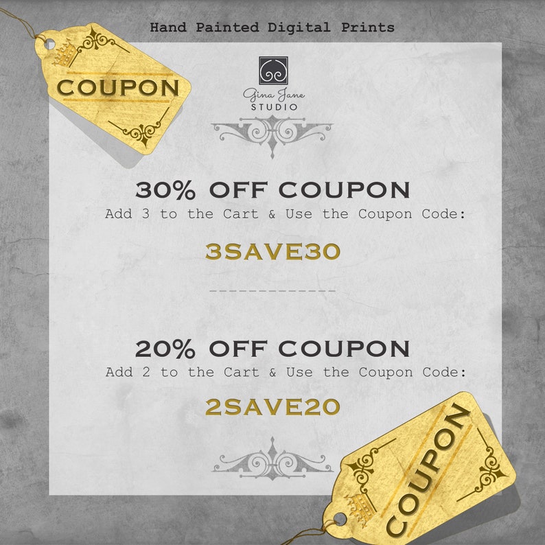 K&ouml;nnte beinhalten: Ein digitaler Druckcoupon mit einem goldenen Tag-Design. Der Coupon bietet 30% Rabatt, wenn Sie 3 Artikel in Ihren Warenkorb legen und den Code "3SAVE30" verwenden. Er bietet auch 20% Rabatt, wenn Sie 2 Artikel in Ihren Warenkorb legen und den Code "2SAVE20" verwenden.