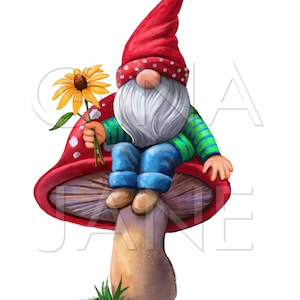 Gnomo da giardino su un fungo Clip art carina Grafica PNG di Gina Jane