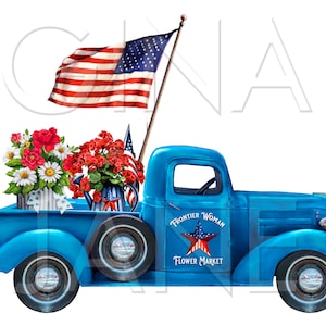 Patriotic Frontier Woman Pioneer Blue Truck with Flag PNG | Patriotic Sublimation PNG | Wreath Sign Art  | DIY Craft Clip Art Gina Jane