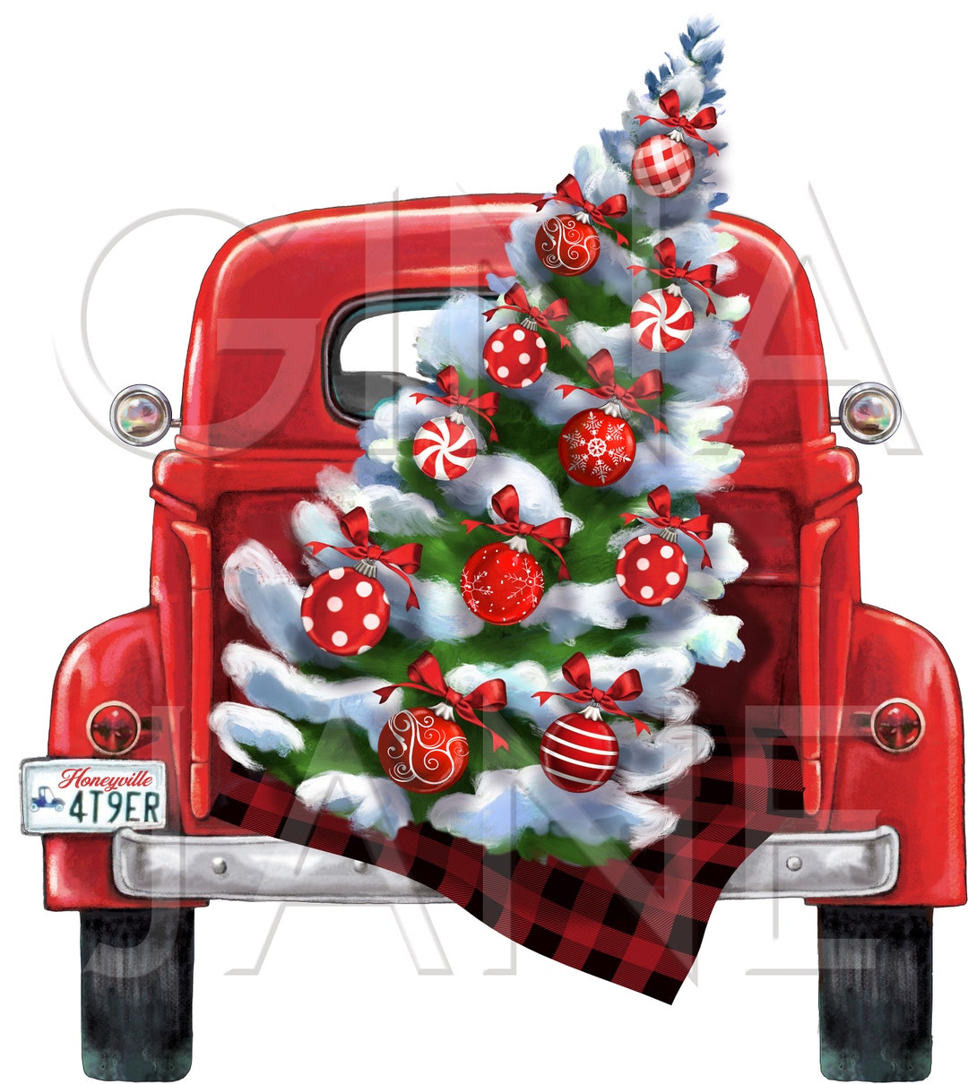 Red Truck Christmas Tree Sublimation PNG Farmhouse Digital Red Truck DIY Craft Clip Art Gina 