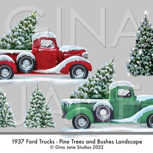 Christmas Ford 1937  Red and Green Trucks with Tree Clip Art by Gina Jane
