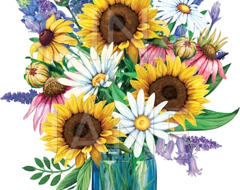 Sunflowers and Daisies in a Blue Mason Jar | Flower Market Sublimation PNG | Wreath Sign Art  | DIY Craft Clip Art Gina Jane