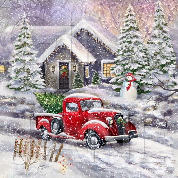 Watercolor Vintage Classic Red Truck With Christmas Trees T-Shirt Watercolor Vintage Classic Red Truck With Christmas Trees T-Shirt