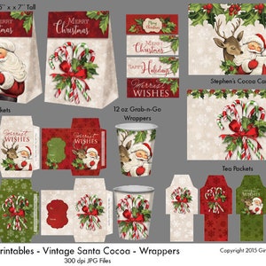 Könnte beinhalten: Druckbare Weihnachtsgeschenkanhänger und -verpackungen mit einem Vintage-Design von Weihnachtsmann mit Zuckerstangen und Stechpalme. Der Text "Merriest Wishes" ist auf einigen der Anhänger enthalten. Der Text "Stephen's Cocoa Can Wrap" ist auf einem der Anhänger enthalten. Der Text "Tall Sacks 5" x 7" Tall" ist auf einem der Anhänger enthalten. Der Text "Cocoa Packets" ist auf einem der Anhänger enthalten. Der Text "12 oz Grab-n-Go Wrappers" ist auf einem der Anhänger enthalten. Der Text "Tea Packets" ist auf einem der Anhänger enthalten. Der Text "Copyright 2015 Gina Jane, LLC" ist auf einem der Anhänger enthalten.